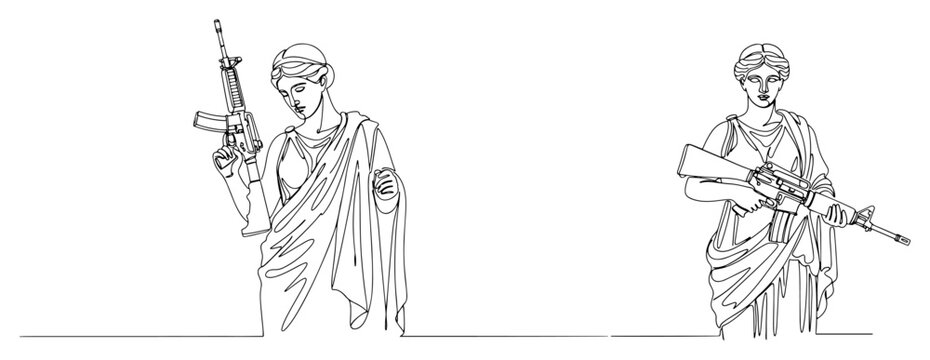 Greek goddess statue holding modern machine gun conceptual line art