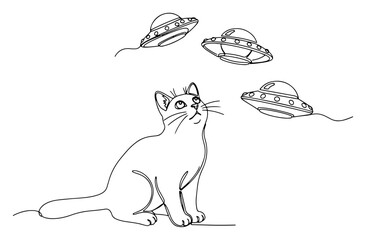 Cat looking up at alien UFO flying saucers in minimalist continuous line art style © InsomniaVideo