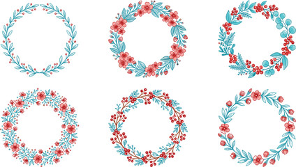 Floral Wreath Vector Icon Set with Christmas Red Berries and Blue Botanical Leaves Circular Borders for Festive Holiday Cards and Wedding Invitation Designs © MDTaharul