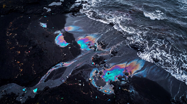 Toxic oil slick creates colorful patterns across polluted shoreline water and sand.	