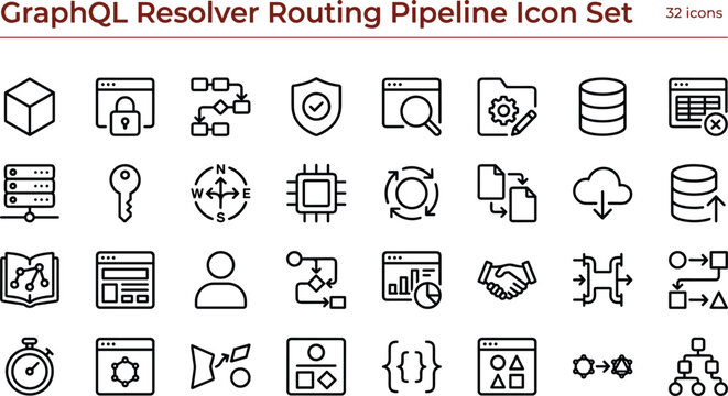 GraphQL Resolver Routing Pipeline Icon Set with API Query Workflow and Distributed System Architecture Symbols