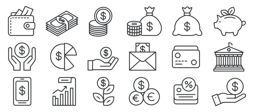 finance icons set line art depicting money banking and investment