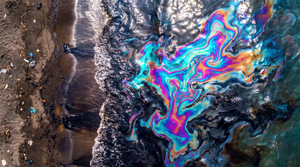 Fototapeta premium Toxic oil slick creates colorful patterns across polluted shoreline water and sand. 