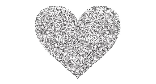 Intricate heart shape design with floral patterns and swirling lines on white background
