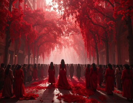 Figures in red gowns amid crimson canopy