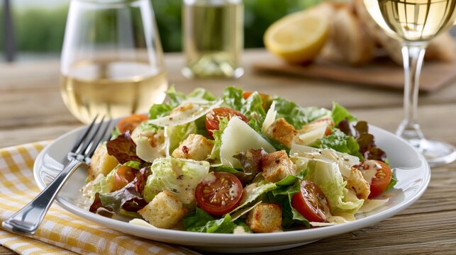 Un plato de ensalada C&eacute;sar en la mesa