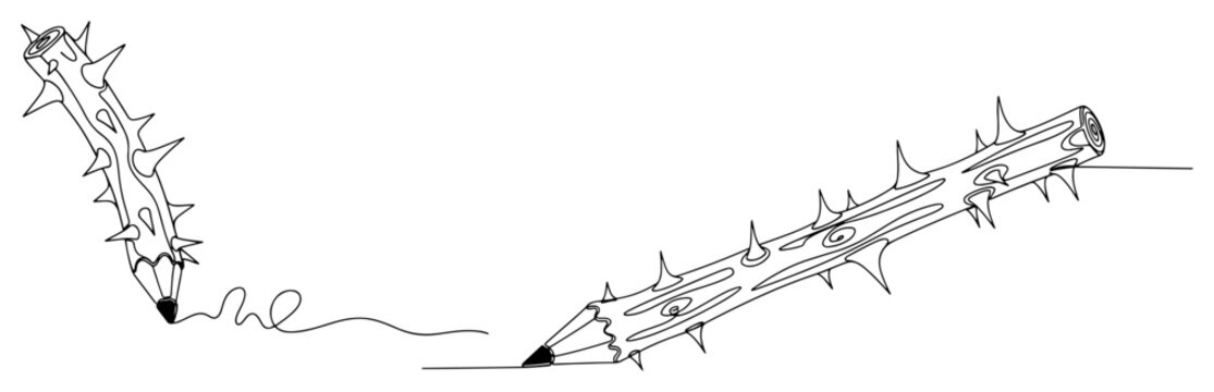 Pencils covered in sharp thorns representing creative struggle and painful writing minimalist continuous line art style