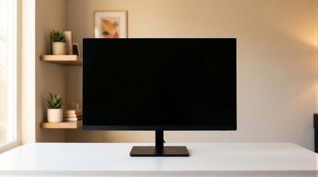 Blank Computer Monitor Screen on Minimal White Desk