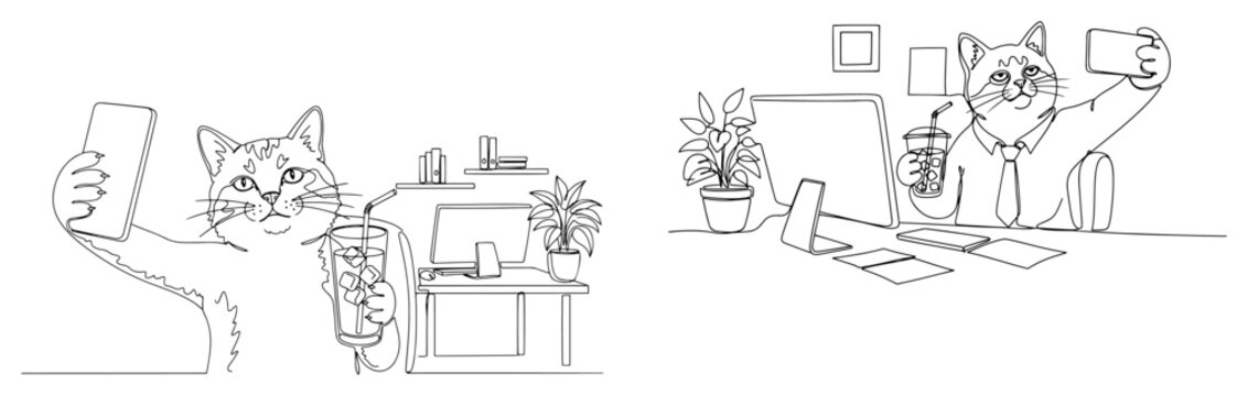Business cats taking selfies with drinks at office desk in continuous line art style