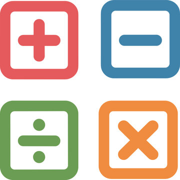 Colorful mathematical operation icons set with plus, minus, division, and multiplication symbols