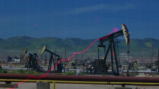 Oil pump jacks operating in a field with a rising red arrow graph indicating price inflation