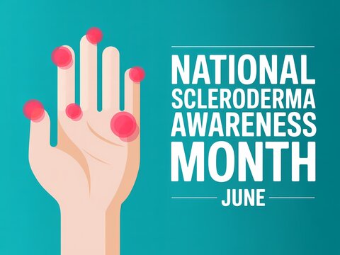 National scleroderma awareness month june illustration with human hand showing symptoms of digital ulcers and skin thickening