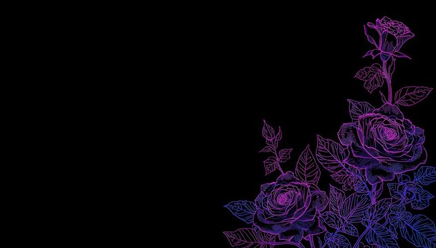 A minimalist black background adorned with a corner arrangement of glowing purple and blue neon line art roses stretching upwards