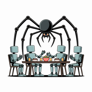 Group of humanoid robots having dinner at a table while a giant mechanical spider looms above