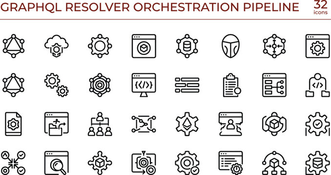 GraphQL Resolver Orchestration Pipeline Icon Set with API Workflow Integration and Distributed System Architecture Symbols