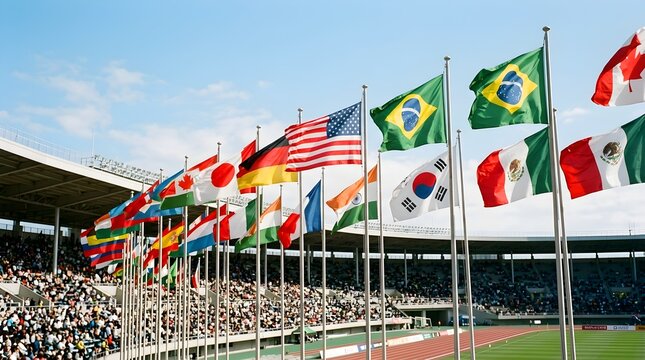 International Flags Displayed Proudly Along Outdoor Stadium Seating Area During Sports Event Representing Global Unity and Athletic Competition for Spectators Watching Teams Compete