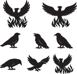 Fototapeta premium Phoenix bird rising from flames silhouette vector illustration set