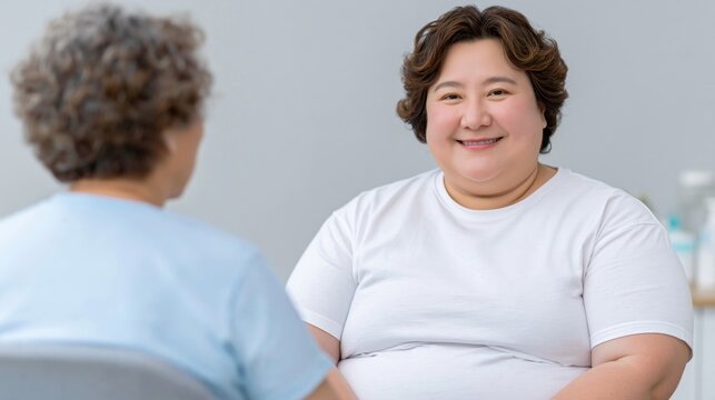 Asian woman smiling, finding happiness and connection during a conversation