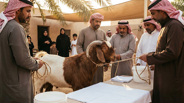 Men examining a goat at an outdoor market