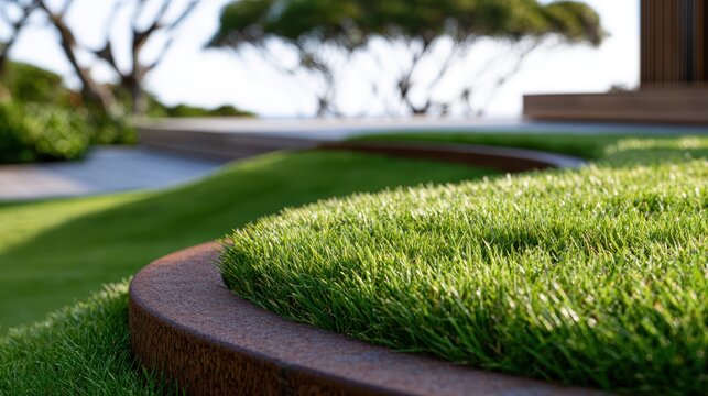 australian coastal garden, a modern, water-conscious australian coastal garden serves as the backdrop template for advertising, with neat, drought-tolerant berkeley sedge grass and crisp corten steel