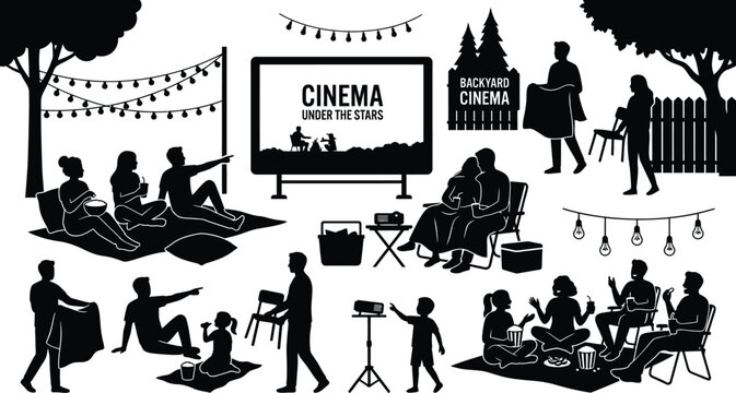 Backyard cinema night with string lights isolated on white background, Vector