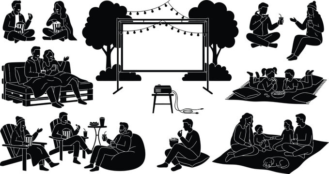 People enjoying outdoor movie night under string lights isolated on white background, Vector