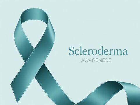 Scleroderma awareness ribbon, teal ribbon symbol for systemic sclerosis, medical awareness concept
