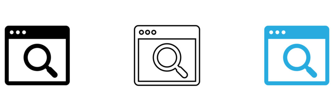 Three search icon variations in browser windows isolated on transparent background, Vector