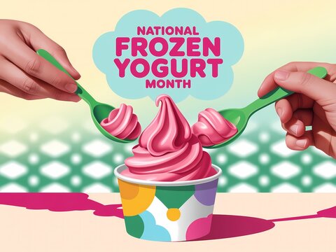 National frozen yogurt month celebration with pink soft serve in a cup and two hands holding green spoons
