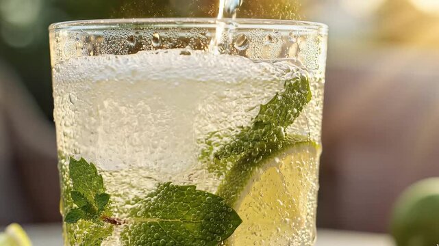 Macro shot of sparkling water fizzing over fresh mint and lime