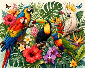 Obraz premium Exotic Tropical Birds with Colorful Jungle Flowers and Leaves