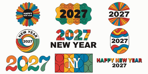 Fototapeta premium USA, US, U.S, United States - Set of colorful retro style happy new year 2027 logos and typography collection with vibrant shapes and creative numbers for holiday greeting cards and banners 