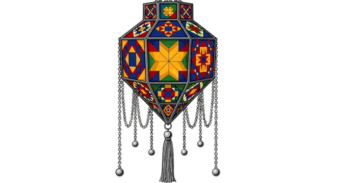Geometric stained glass lantern with chains and colorful patterns