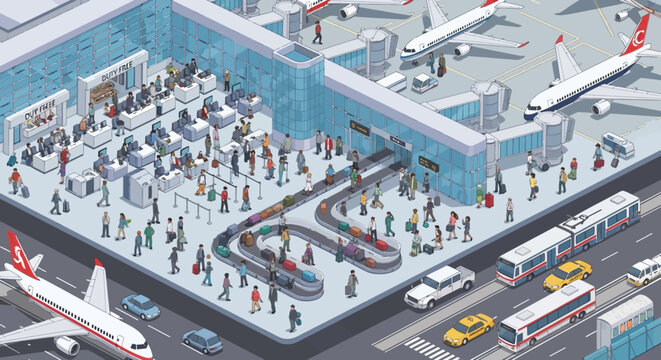 People Walking Around Airport Terminal Building.