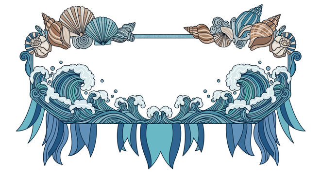 Ornamental ocean waves and seashell frame with blue accents
