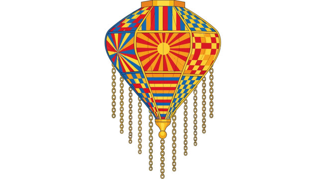Colorful geometric lantern with chains and patterns