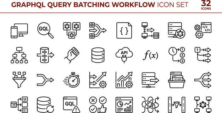 GraphQL Query Batching Workflow Icon Set with API Data Processing and Network Integration Architecture Symbols