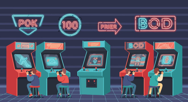 Retro arcade video game machines.