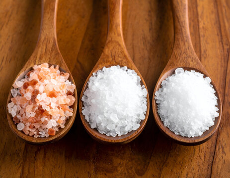 Spoons of Himalayan pink salt and white sea salt crystals on wooden surface in studio shot