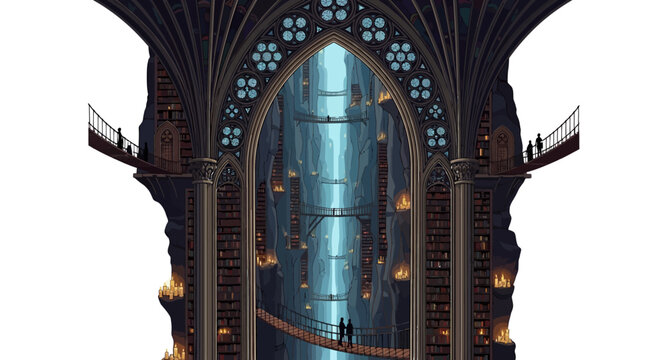 Enchanted library in gothic cave with majestic waterfall and candlelight ambiance