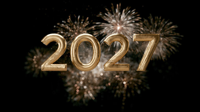 N&uacute;meros en texto en color dorado anuncian el  a&ntilde;o nuevo de 2027, fondo negro