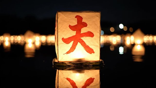 Single washi paper Obon lantern glowing gold on still black water at night, perfect reflection below, distant bokeh lanterns background, Obon tōrō nagashi ancestor floating lantern Japan sacred scene.