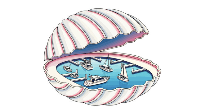 Surreal sea harbor inside giant clamshell with boats and yachts