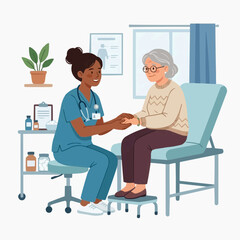 Fototapeta premium Nurse comforting elderly patient in medical examination room with stethoscope and plant