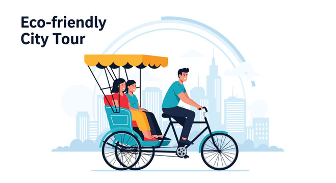 Man driving a blue bicycle rickshaw carrying passengers for an eco friendly city tour with a faint skyline backdrop.