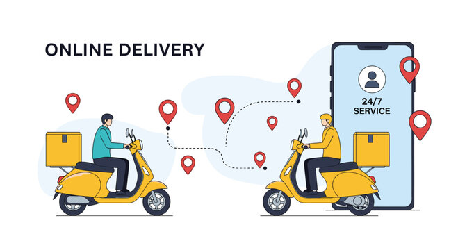 Online delivery service illustration featuring couriers on yellow scooters and location markers on a smartphone.