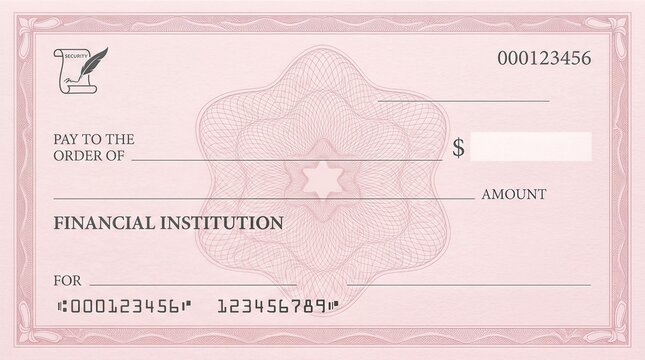 A pink blank check with ornate border design, security features, and placeholder text.