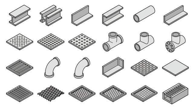 Set of isometric metal steel profiles pipes and industrial drainage grates isolated on white background, representing structural engineering components or construction material supply catalogs