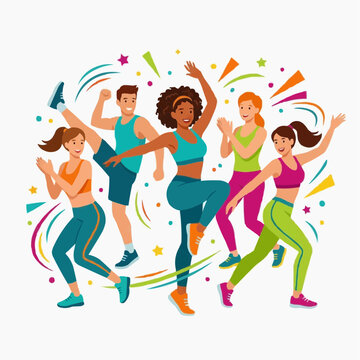 Diverse group of people dancing and exercising together in a vibrant fitness class