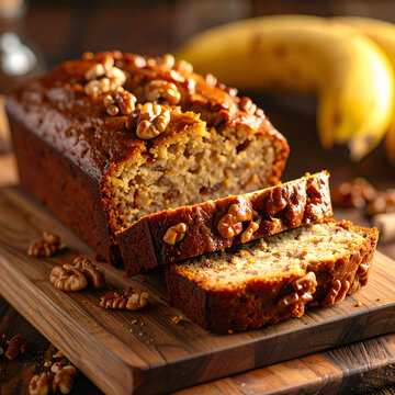 Sliced homemade banana bread loaf with walnuts on a rustic wooden cutting board